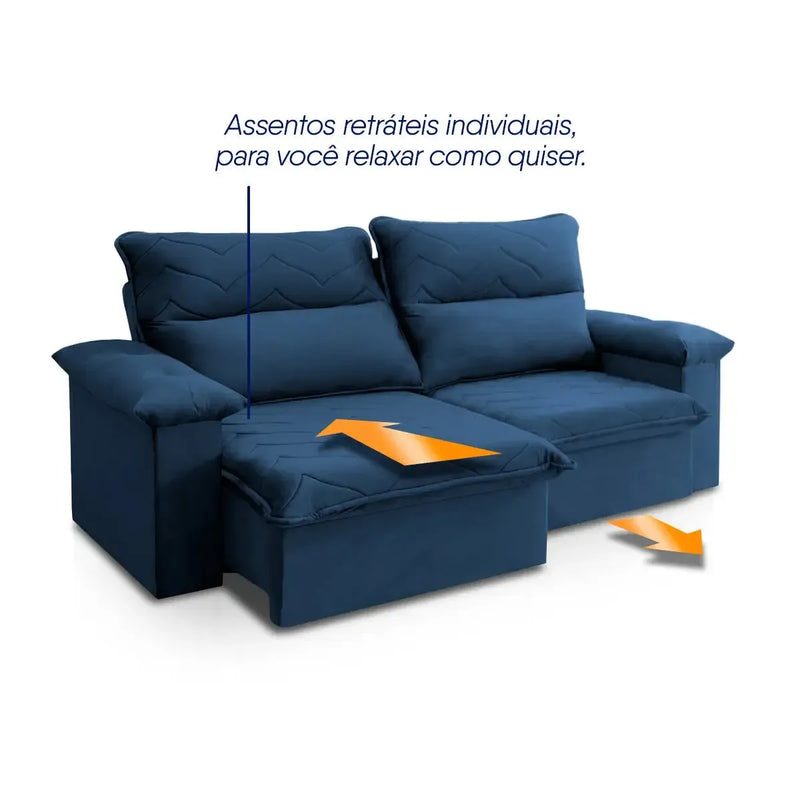 Sofá Retrátil Reclinável Paris 1,80m Suede Velut Azul Molas Ensacadas