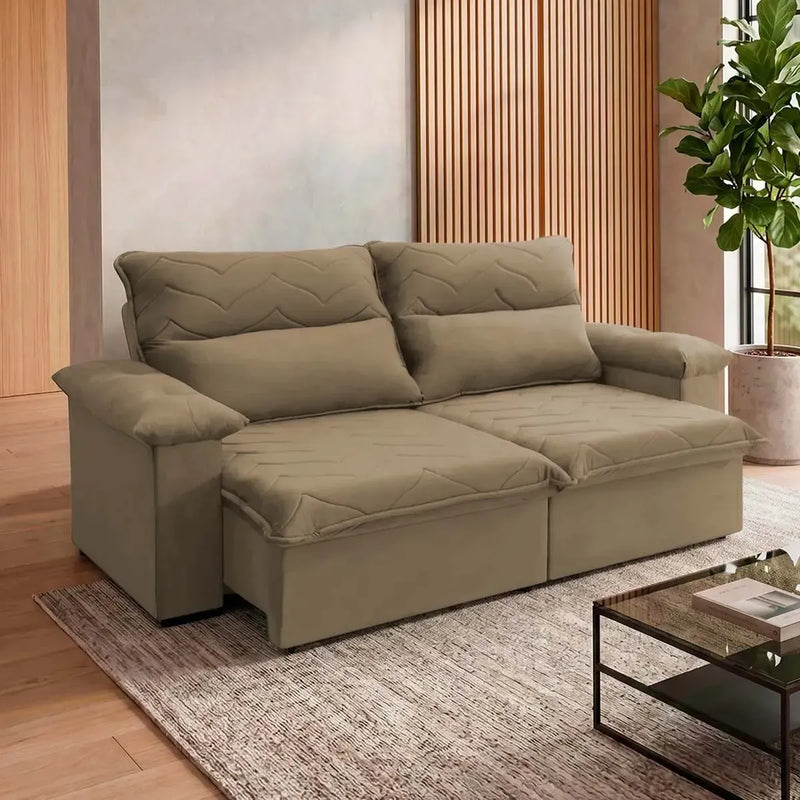 Sofá Retrátil Reclinável Paris 1,80m Suede Velut Bege Molas no Assento