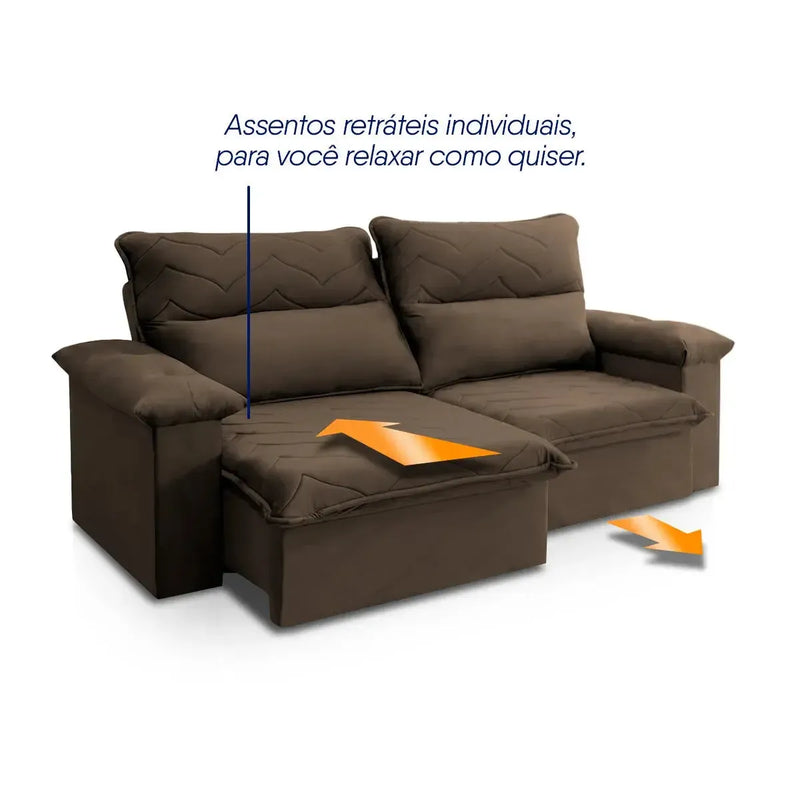 Sofá Retrátil Reclinável Paris 1,80m Suede Velut Marrom Molas no Assento