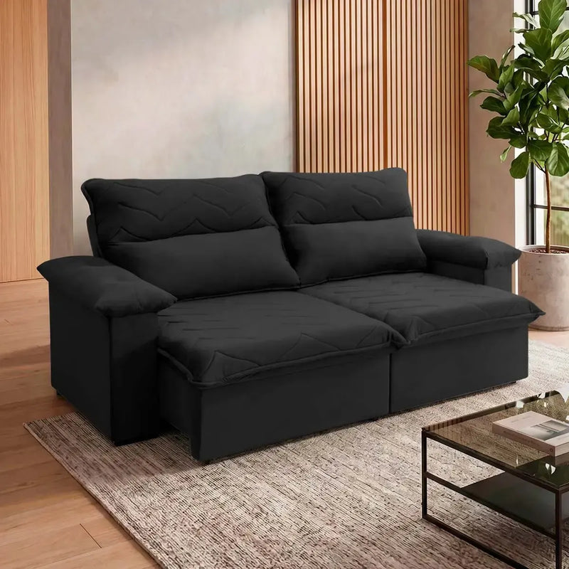 Sofá Retrátil Reclinável Paris 1,80m Suede Velut Preto Molas Ensacadas