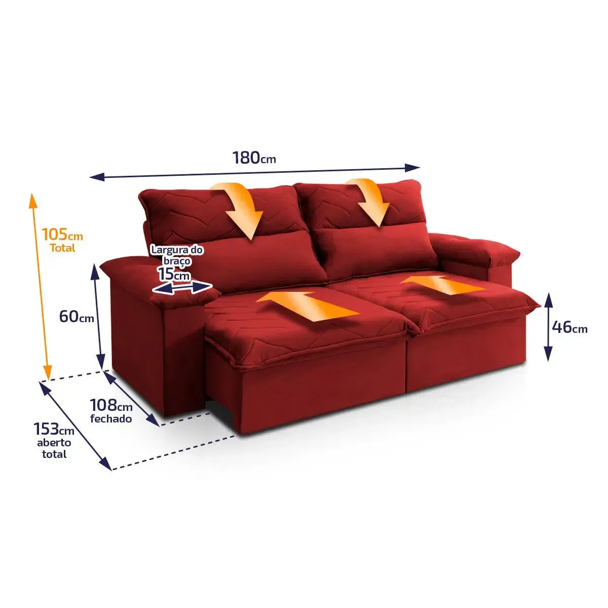 Sofá Retrátil Reclinável Paris 1,80m Suede Velut Vermelho Molas no Assento