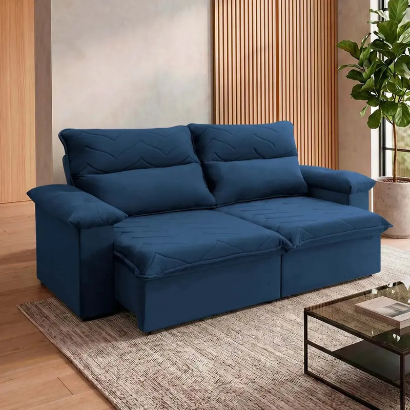 Sofá Retrátil Reclinável Paris 2,00m Suede Velut Azul Marinho Molas no Assento