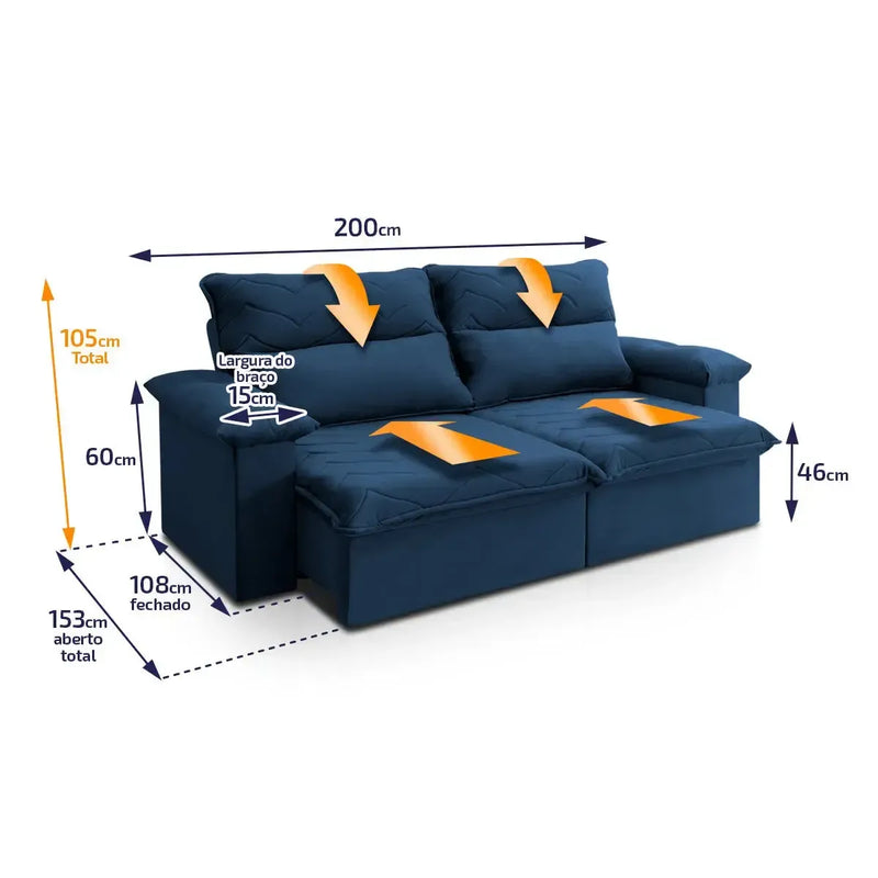 Sofá Retrátil Reclinável Paris 2,00m Suede Velut Azul Molas Ensacadas