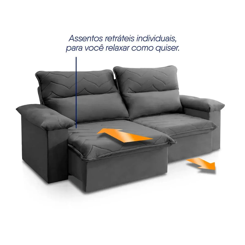 Sofá Retrátil Reclinável Paris 2,00m Suede Velut Cinza Molas no Assento