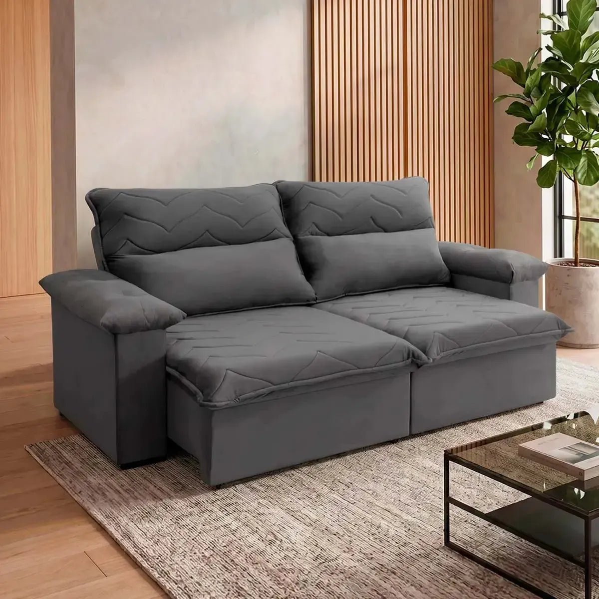 Sofá Retrátil Reclinável Paris 2,00m Suede Velut Cinza Molas no Assento