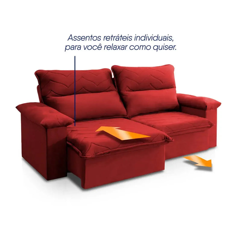 Sofá Retrátil Reclinável Paris 2,00m Suede Velut Vermelho Molas no Assento