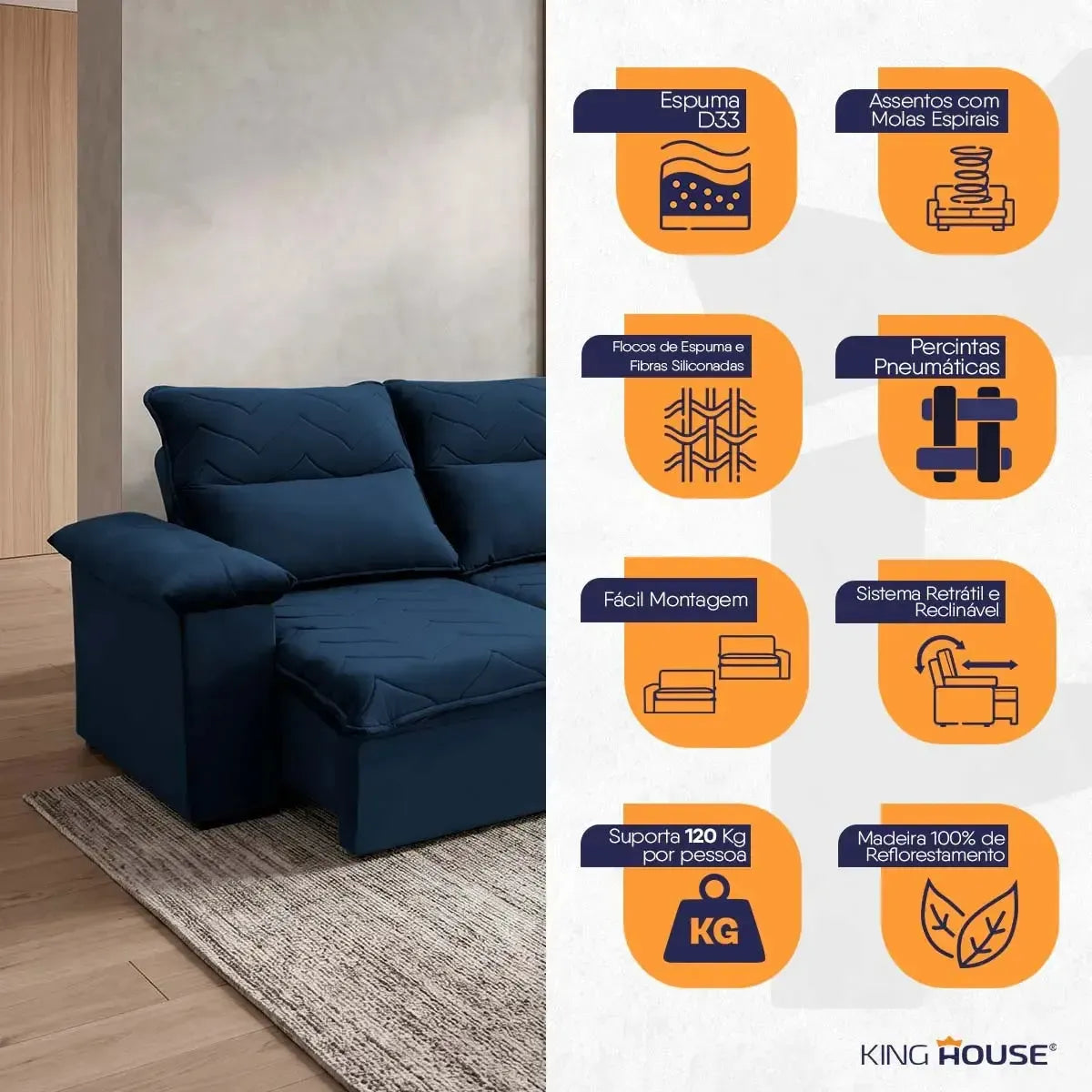 Sofá Retrátil Reclinável Paris 2,30m Suede Velut Azul Marinho Molas no Assento