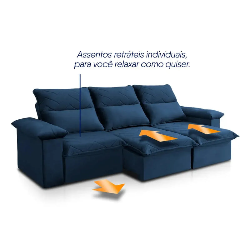 Sofá Retrátil Reclinável Paris 2,30m Suede Velut Azul Marinho Molas no Assento