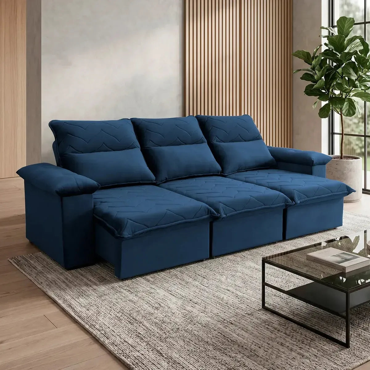 Sofá Retrátil Reclinável Paris 2,30m Suede Velut Azul Molas Ensacadas