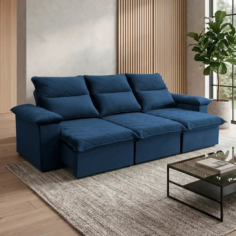 Sofá Retrátil Reclinável Paris 2,30m Suede Velut Azul Molas Ensacadas