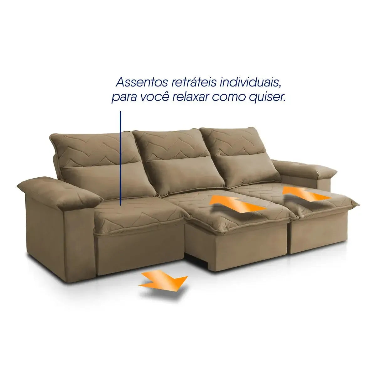 Sofá Retrátil Reclinável Paris 2,30m Suede Velut Bege Molas no Assento