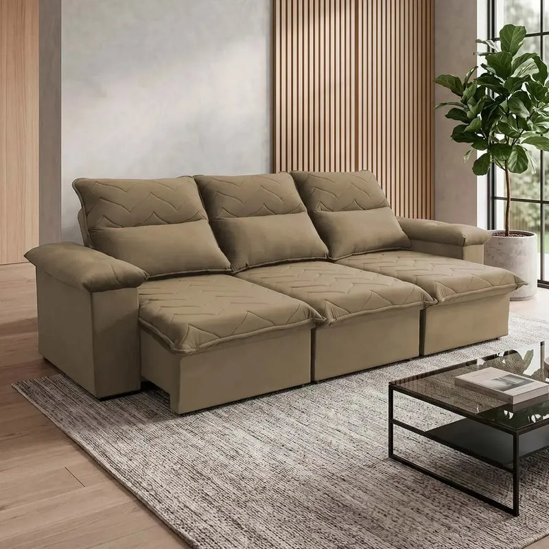 Sofá Retrátil Reclinável Paris 2,30m Suede Velut Bege Molas no Assento