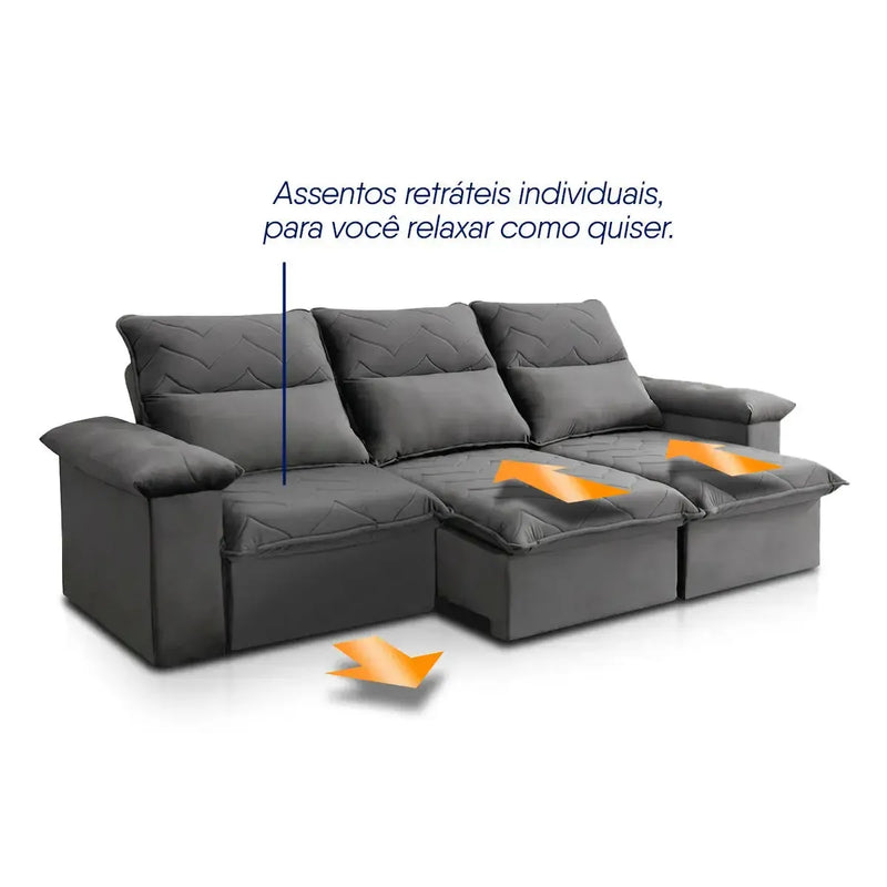 Sofá Retrátil Reclinável Paris 2,30m Suede Velut Cinza Molas Ensacadas