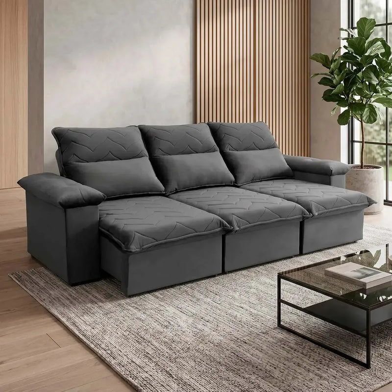 Sofá Retrátil Reclinável Paris 2,30m Suede Velut Cinza Molas Ensacadas