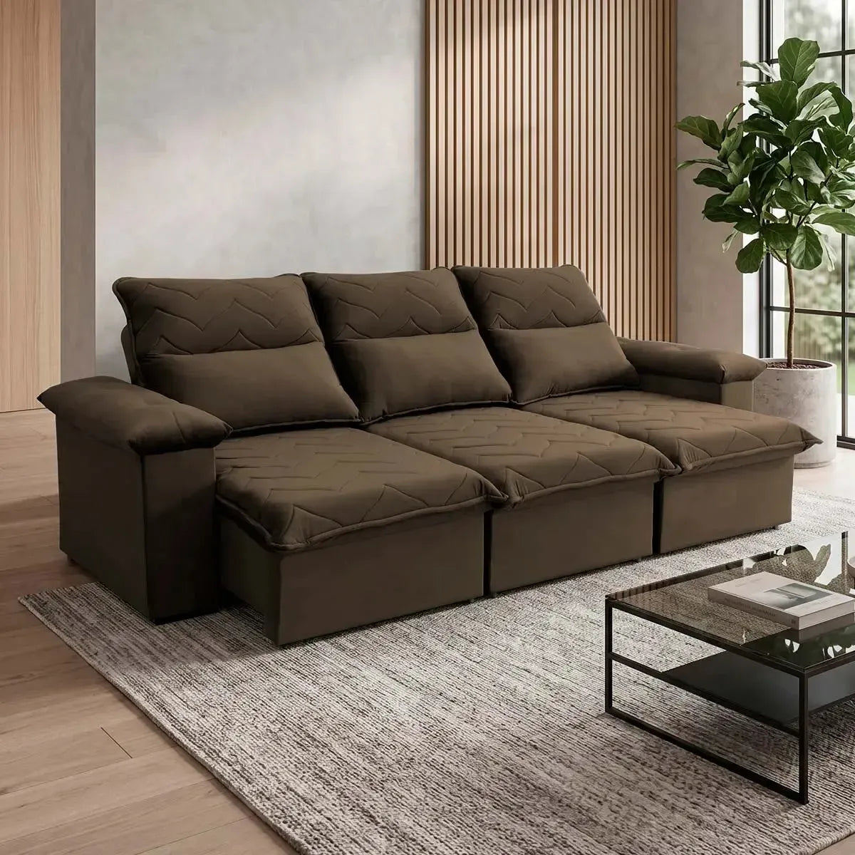 Sofá Retrátil Reclinável Paris 2,30m Suede Velut Marrom Molas Ensacadas