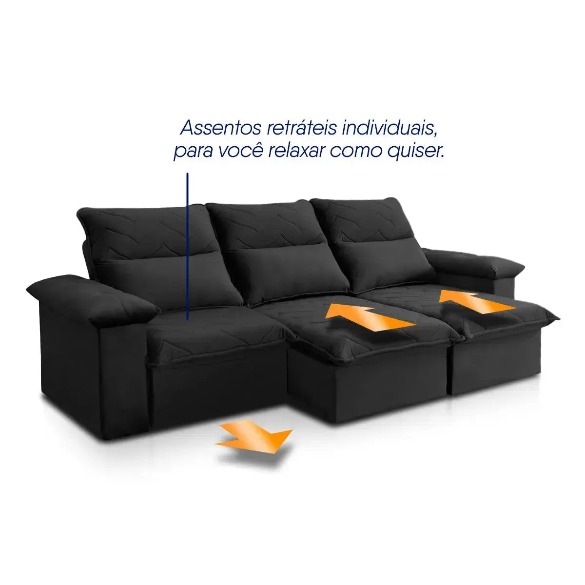 Sofá Retrátil Reclinável Paris 2,30m Suede Velut Preto Molas no Assento