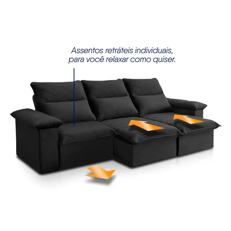 Sofá Retrátil Reclinável Paris 2,30m Suede Velut Preto Molas no Assento