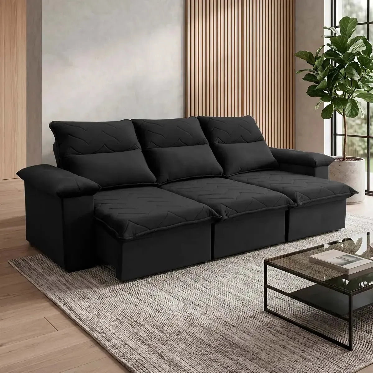 Sofá Retrátil Reclinável Paris 2,30m Suede Velut Preto Molas no Assento