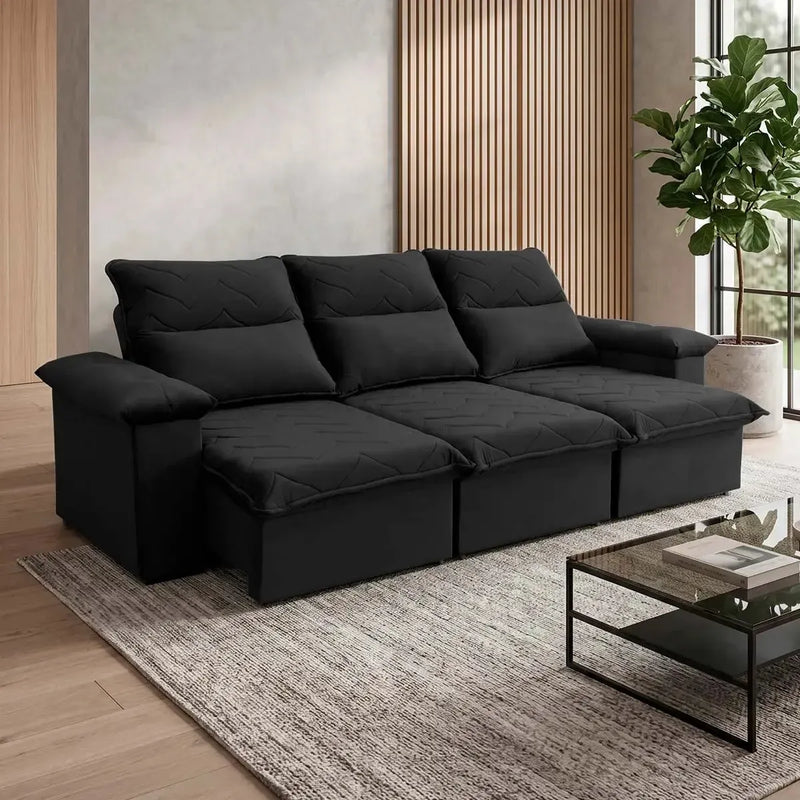 Sofá Retrátil Reclinável Paris 2,30m Suede Velut Preto Molas no Assento