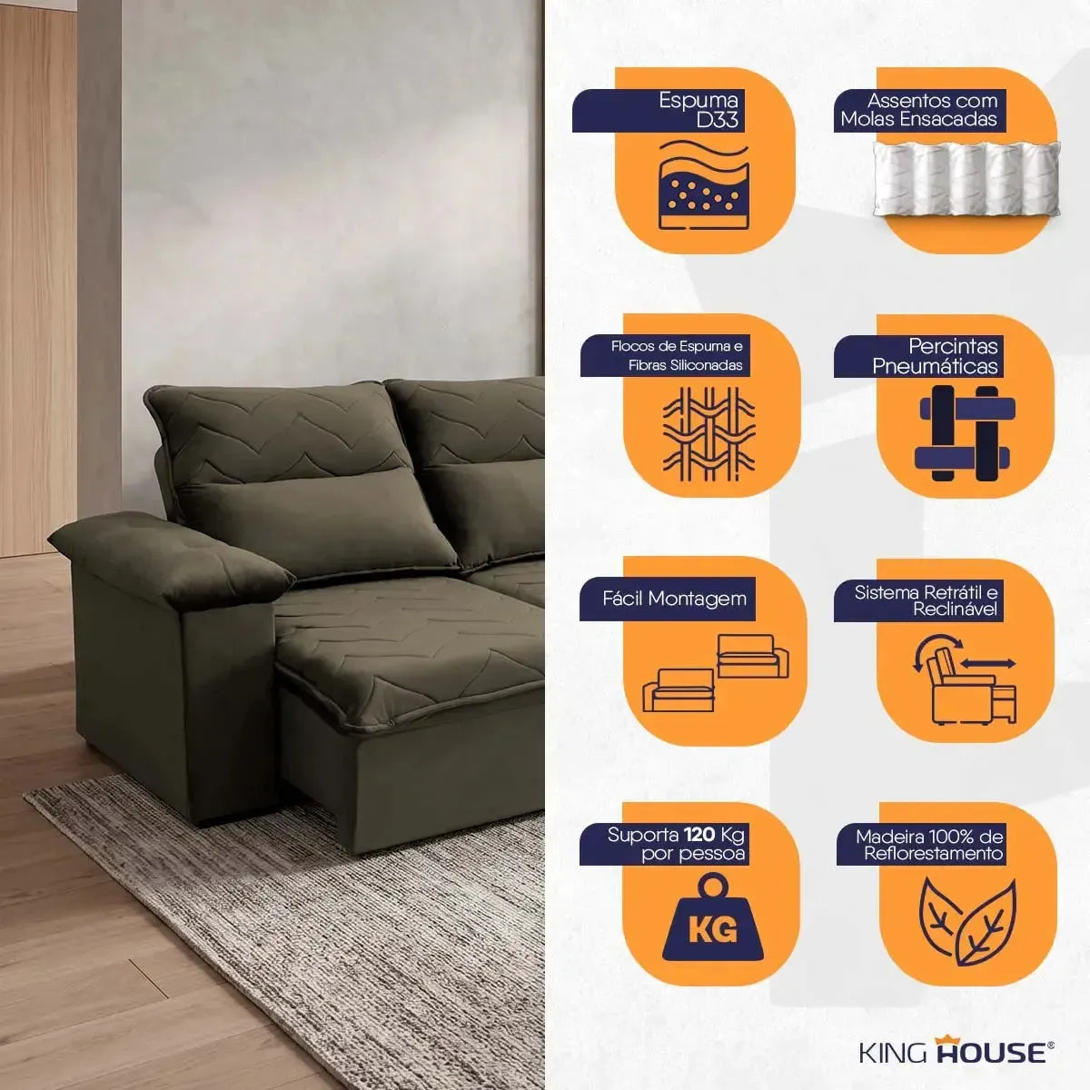 Sofá Retrátil Reclinável Paris 2,30m Suede Velut Tabaco Molas Ensacadas