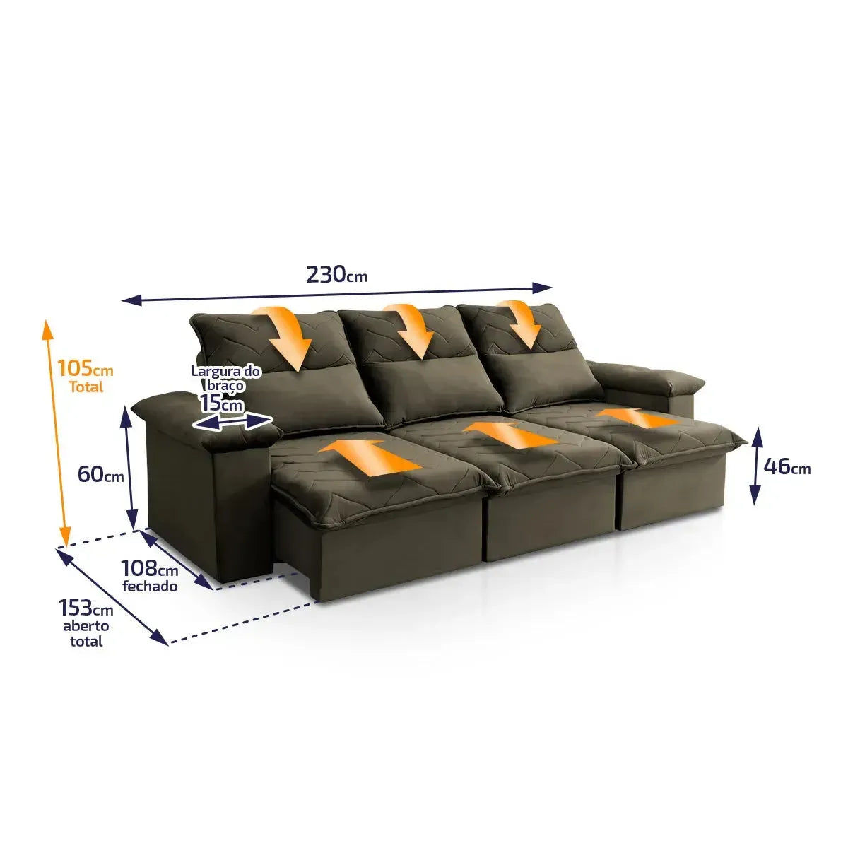 Sofá Retrátil Reclinável Paris 2,30m Suede Velut Tabaco Molas no Assento