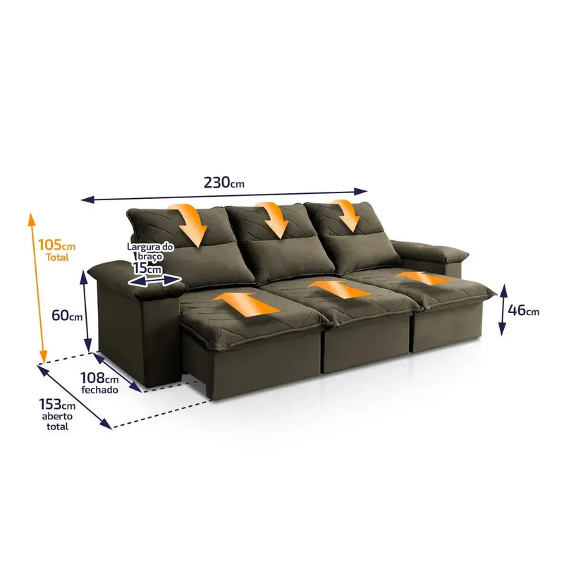 Sofá Retrátil Reclinável Paris 2,30m Suede Velut Tabaco Molas no Assento