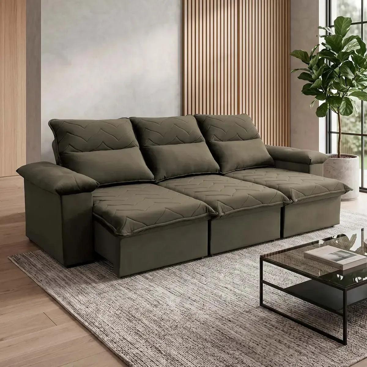 Sofá Retrátil Reclinável Paris 2,30m Suede Velut Tabaco Molas no Assento