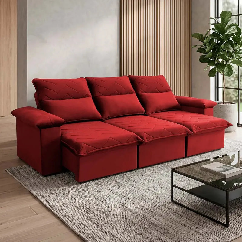 Sofá Retrátil Reclinável Paris 2,30m Suede Velut Vermelho Molas Ensacadas