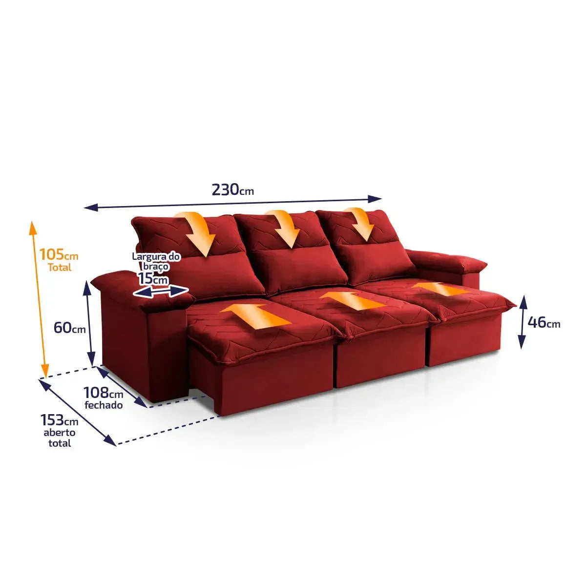 Sofá Retrátil Reclinável Paris 2,30m Suede Velut Vermelho Molas no Assento