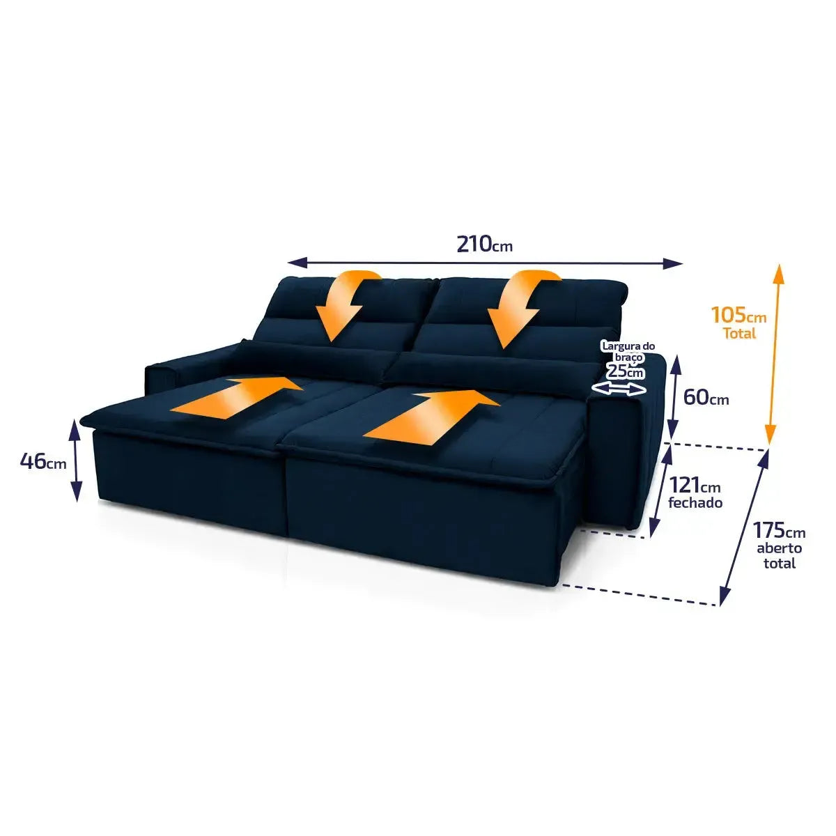 Sofá retrátil reclinável Patagônia 2,10m em suede velut azul marinho com dimensões detalhadas.