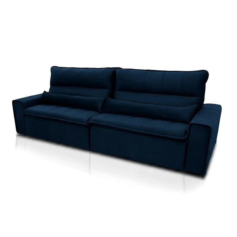 Sofá Patagônia retrátil reclinável 2,10m em Suede Velut azul marinho, com molas no assento.