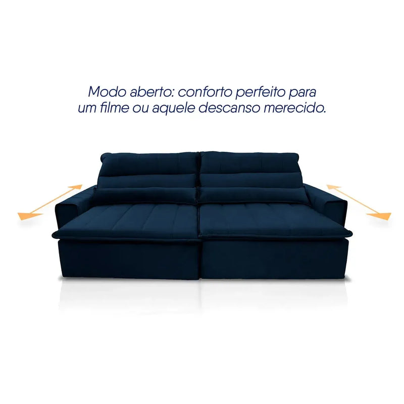 Sofá Patagônia retrátil reclinável 2,10m em suede velut azul marinho, com assentos estendidos.