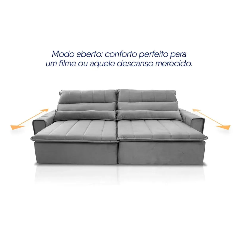 Sofá retrátil reclinável Patagônia cinza de 2,10m em suede velut, com assentos estendidos.