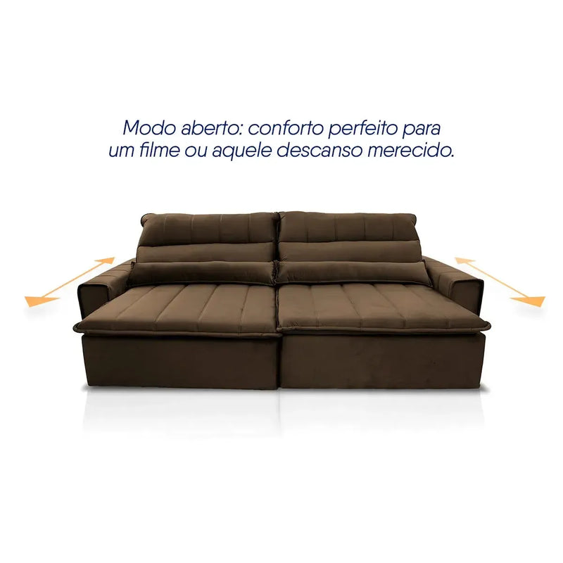 Sofá retrátil reclinável Patagônia marrom suede velut com assentos estendidos.