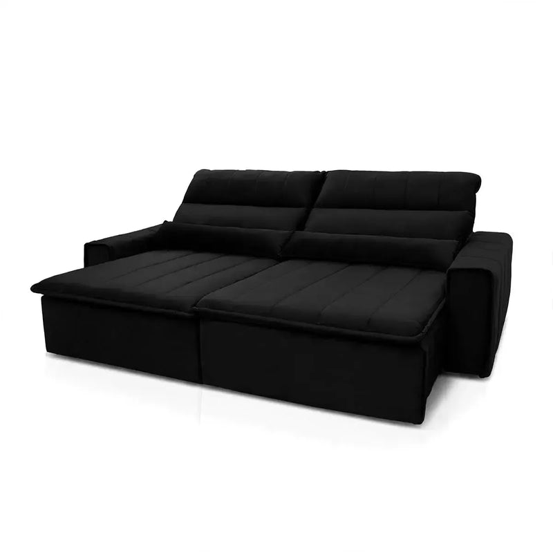 Sofá retrátil reclinável Patagônia 2,10m em Suede Velut preto com molas no assento.