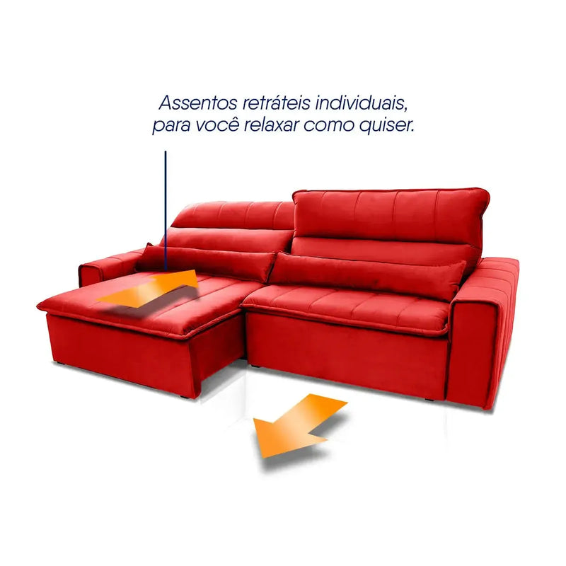 Sofá Patagônia retrátil reclinável vermelho em suede velut com assentos individuais.