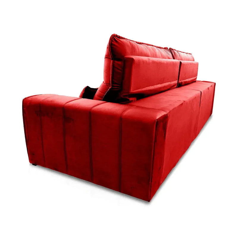Sofá Patagônia retrátil reclinável vermelho em suede velut com molas no assento, vista traseira.