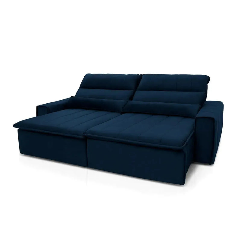 Sofá retrátil reclinável Patagônia 2,30m em suede velut azul marinho, com molas no assento.