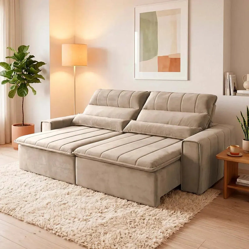 Sofá retrátil reclinável Patagônia 2,30m em suede velut bege com molas no assento.