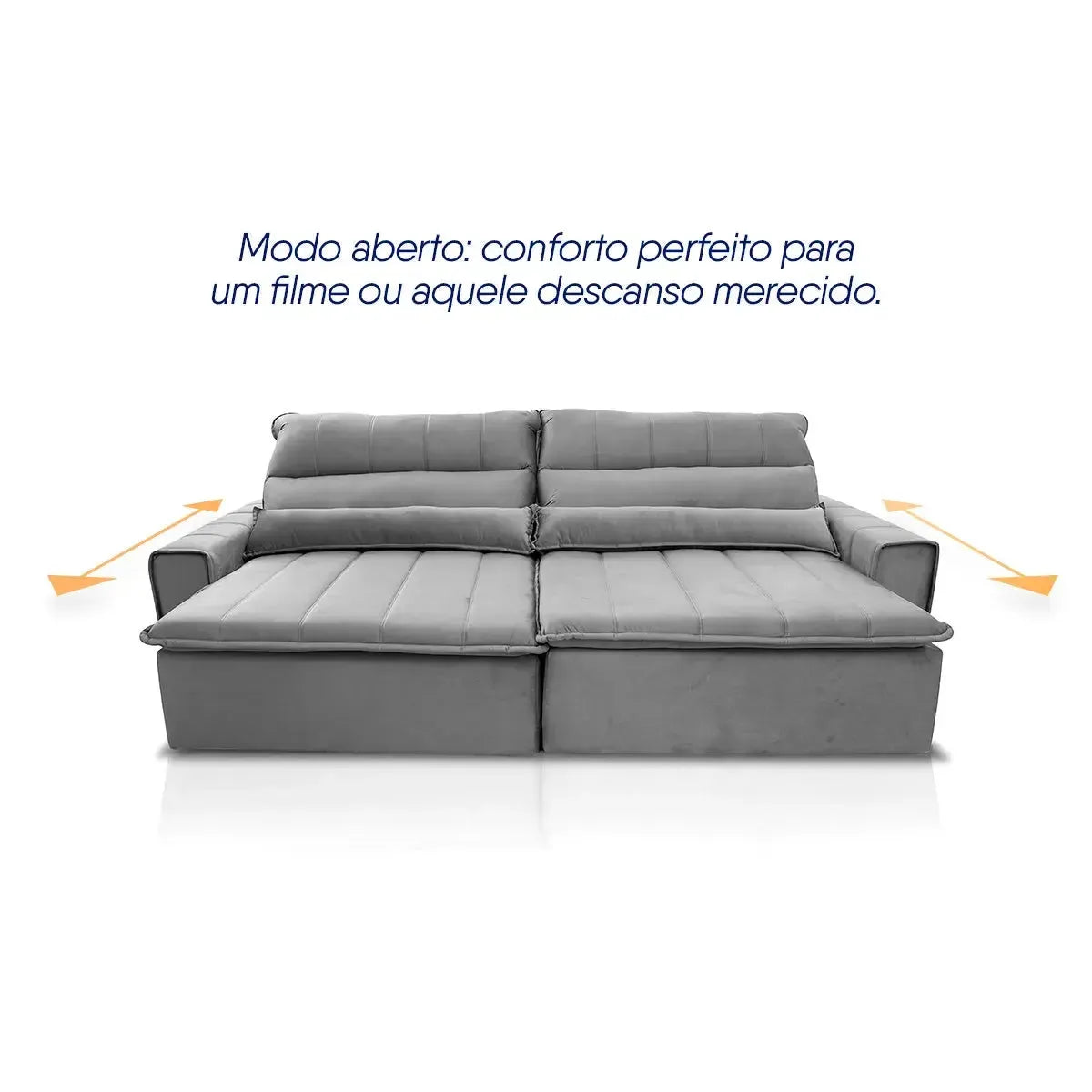 Sofá retrátil reclinável Patagônia 2,30m em suede velut cinza, com assentos estendidos para conforto.