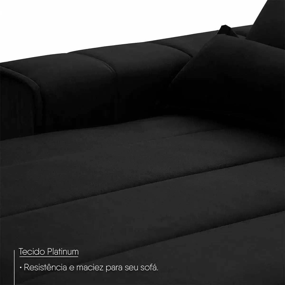 Sofá retrátil reclinável Patagônia preto em Suede Velut, com molas no assento e almofadas.