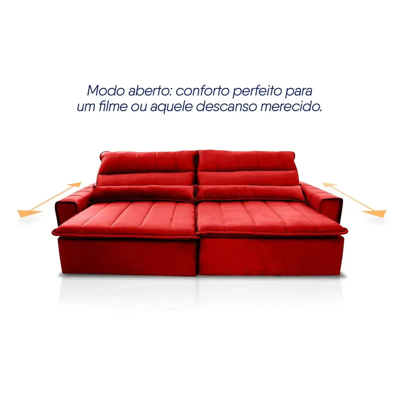 Sofá retrátil reclinável Patagônia 2,30m em Suede Velut vermelho, com assentos estendidos.