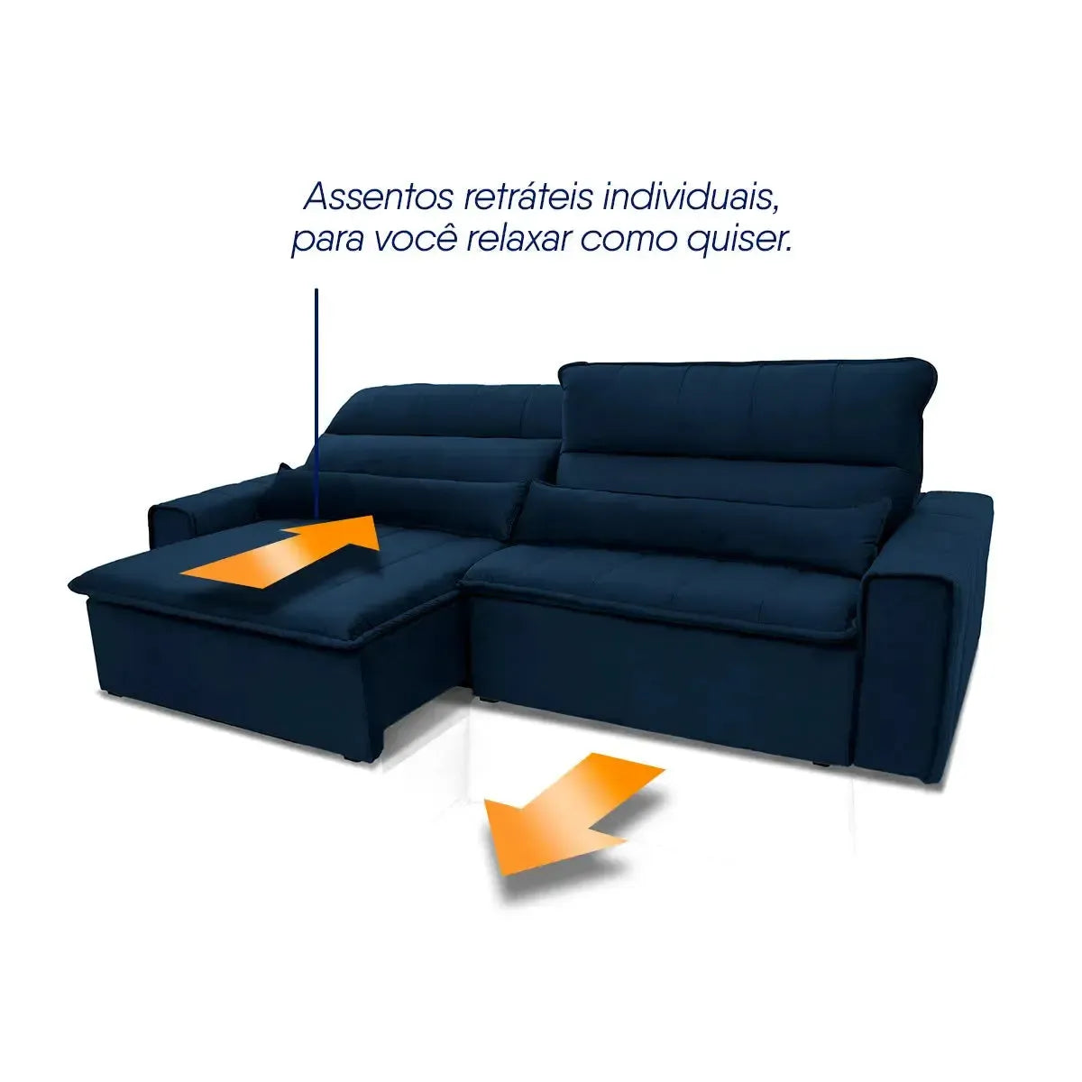 Sofá retrátil reclinável Patagônia 2,50m em Suede Velut azul marinho com molas no assento.