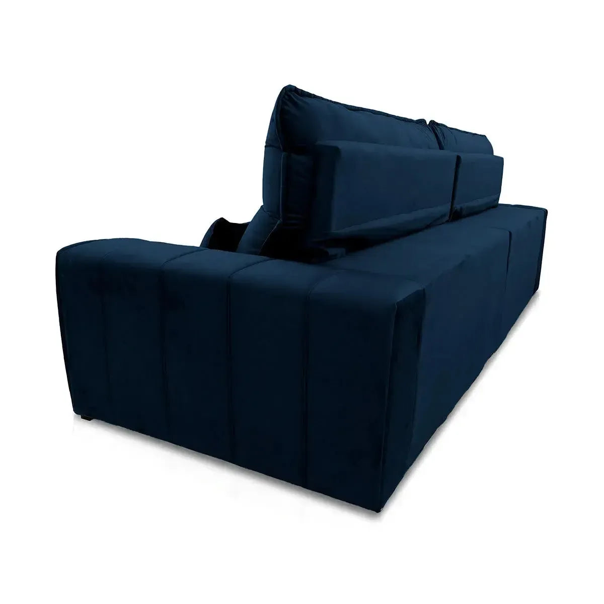 Sofá Patagônia retrátil reclinável 2,50m em suede velut azul marinho, com molas no assento.