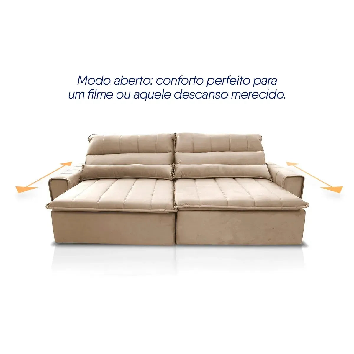 Sofá retrátil reclinável Patagônia 2,50m em suede velut bege com molas no assento, estendido para conforto.