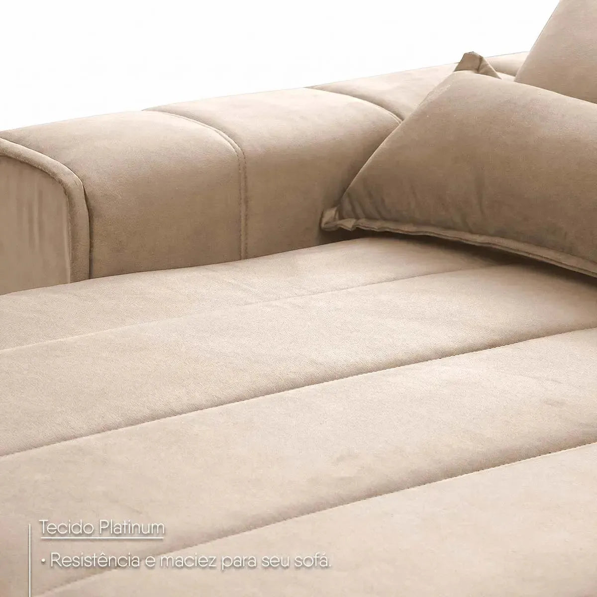 Sofá retrátil reclinável Patagônia 2,50m em suede velut bege com molas no assento e almofadas.
