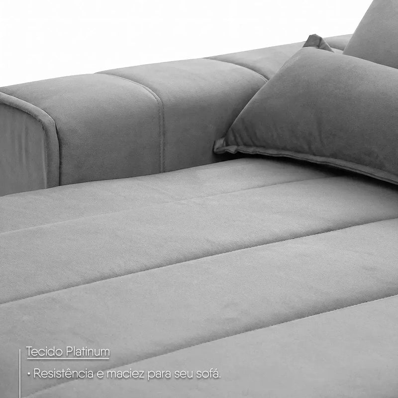 Sofá retrátil reclinável Patagônia 2,50m em Suede Velut cinza, com molas no assento.