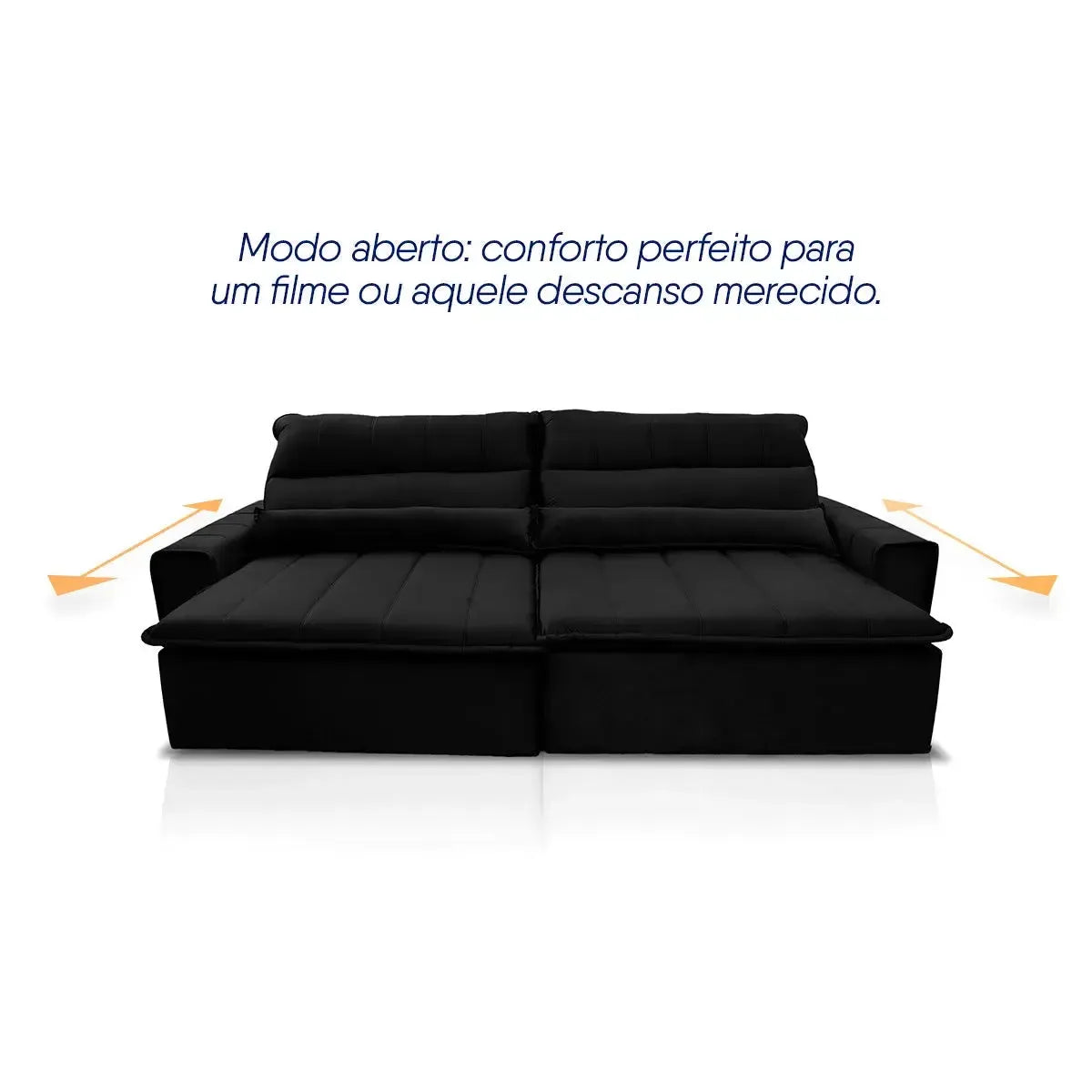Sofá retrátil reclinável Patagônia preto em suede velut com assentos estendidos.