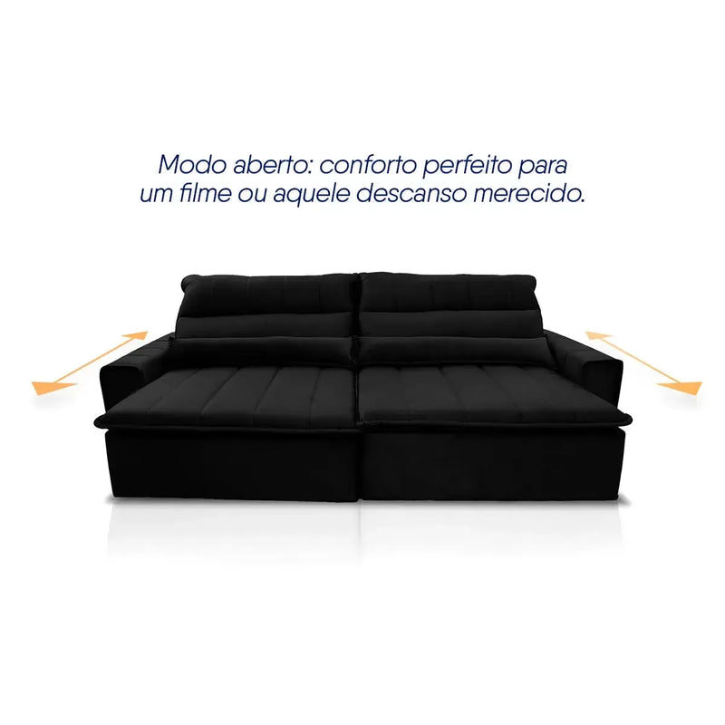 Sofá retrátil reclinável Patagônia preto em suede velut com assentos estendidos.