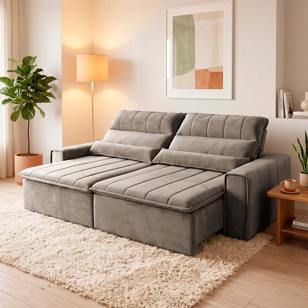 Sofá Retrátil Reclinável Patagônia 2,50m Suede Velut Tabaco Molas no Assento